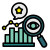 Iconography for data analysis: a magnifying glass over teal bar chart with yellow data points and a speech bubble containing a star on a black background.