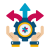 Hands cradle a gear with a blue up arrow and pink left/right arrows, signaling options in a process.