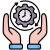Hands surrounding a gear with a clock at its center and circular arrows, symbolizing time management or protecting time
