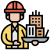 Construction Construction worker in a yellow jacket and red hard hat carrying a tray with stacked boxes.