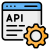 Illustration of a browser window labeled API with code lines and a gear indicating API configuration.