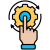 Touch gesture: a finger pressed on a gear symbol with circular arrows, indicating settings or configuration.