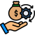 Financial Services Hand offering financial support icon: a money bag with a dollar sign and a gear, with circular arrows suggesting service or exchange.