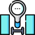 Abstract illustration of a light bulb centered between two turquoise vertical blocks, with a three-dot loading indicator inside the bulb.