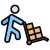 Blue abstract figure stumbling as a tilted shopping cart with boxes tips over on a black background, illustrating a shopping hazard or accident risk.