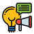 Idea concept: a yellow light bulb with a green speech bubble and a megaphone on a black background, signaling communication of ideas.