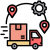 Logistics Delivery truck with a large box, plus map pins and a gear on a dark background, symbolizing logistics and settings.