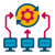 Three computer monitors connected to a central gear with rotating arrows, symbolizing automated system integration.