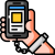 Person holding a smartphone showing an app interface with a yellow feature box and blue header.