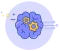 Next-Best-Action AI Illustration of a blue brain with yellow gears, sidelined by orbiting nodes, symbolizing AI thinking and cognitive processing.
