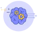 Next-Best-Action AI Illustration of a blue brain with yellow gears, sidelined by orbiting nodes, symbolizing AI thinking and cognitive processing.