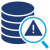 Blue database/server icon with a magnifying glass showing a warning triangle, indicating a data alert or issue.