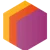 Abstract hexagonal logo with layered orange and purple shapes forming a 3D block look.
