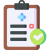 Medical clipboard with a checklist and a green approval badge indicating completed tasks