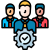 Professional Services Team of three figures with a gear and checkmark, symbolizing teamwork and quality assurance/approval.