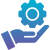 Hand holding a blue gear icon, symbolizing settings and configuration support