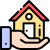 Real Estate A hand cradling a yellow house with a red roof, symbolizing housing support or home care.