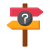 Signpost with red and orange directional arrows and a help/question mark at the center, indicating uncertainty or guidance needed