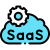 Blue cloud illustration with the word SaaS and a white gear atop, symbolizing software as a service (SaaS).