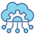 Cloud computing icon featuring a gear inside a cloud with six connection lines and nodes, symbolizing cloud services and automation.