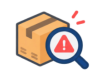 Cardboard box with a magnifying glass highlighting a red warning triangle, symbolizing inspection or alert.