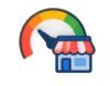 Storefront icon in front of a rainbow-colored circular gauge, suggesting performance or rating metrics for a shop