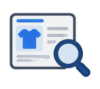 Interface mockup showing a product page with a blue t-shirt and a search magnifier