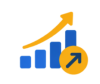 Blue bar chart showing rising values with an orange upward-curved arrow.