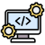 Software-IT Monitor showing code symbols with two yellow gears, symbolizing coding and configuration settings