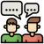 Two cartoon people facing forward with speech bubbles above, indicating a conversation or chat between them.