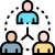 Three people icons connected in a triangular network around a central hub, illustrating teamwork and collaboration.