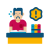 Person sitting at a desk with an open book, frowning and sweating, with a yellow exclamation badge nearby.