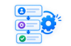 Flowchart of a three-step process: user card → settings card → completed checkmark, with a large blue gear representing automation.