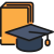 education Stack of orange books with a navy mortarboard (graduation cap) in front, symbolizing education and graduation.