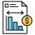 Document with a bar chart, arrows indicating range, and a dollar coin—representing cost or revenue analysis/statement.