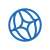 Abstract blue circular logo with interwoven curved segments forming a star-like center in the middle of a circle at white background.
