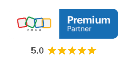 Zoho Premium Partner badge with a 5.0 rating (five gold stars)