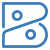 Abstract blue logo with two curved bands and circular cutouts.